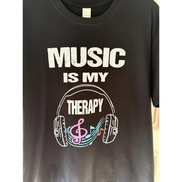 Music Is My Therapy T Shirt Size L Black Graphic Tee Headphones Treble Clef Note - Picture 11 of 12